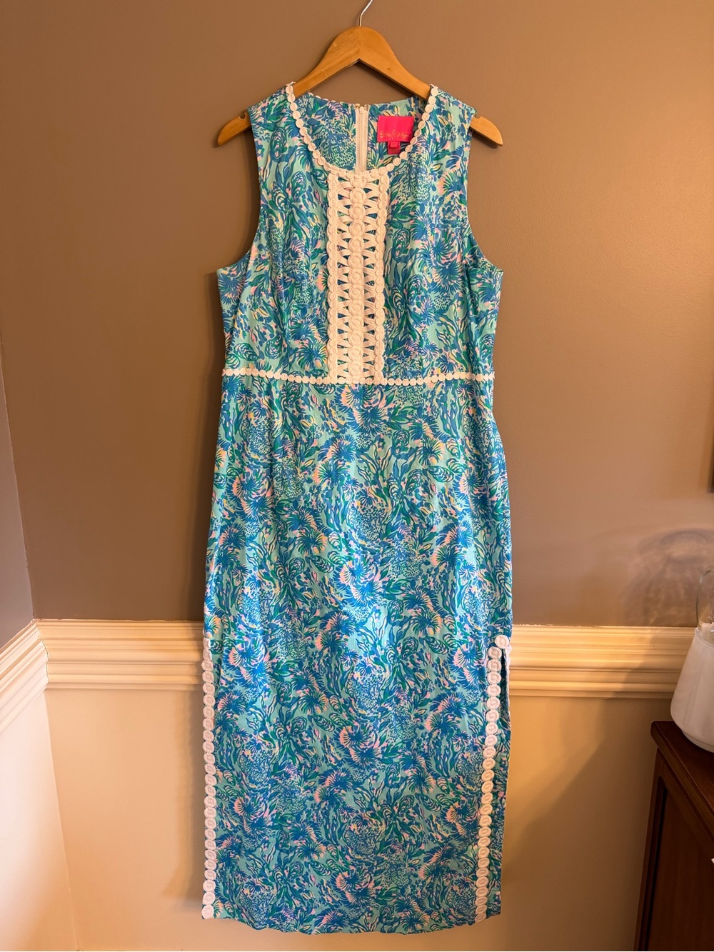 Lilly Pulitzer Ashler Stretch Maxi Shift Dress Surf Blue Coral Lace Trim 16